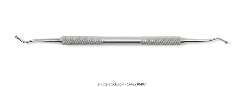 Dentist equipment: Diagnostic double-ended periodontal curette, stainless steel. Dental tool isolated on white background, macro close up. - Shutterstock ID 1442218487