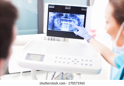 Dentist explaining x ray picture to patient 