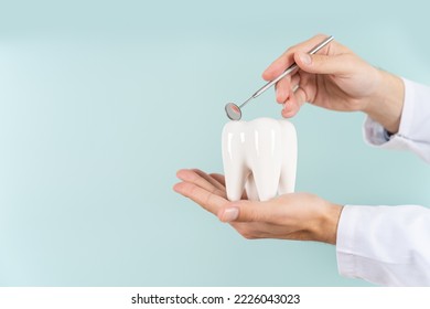 Dentist hand with healthy white tooth model and dentist mirror on a blue background. Copy space. Teeth care, dental treatment, tooth extraction, implant concept. Dental clinic special offer - Powered by Shutterstock