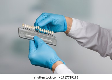 Dentist hand in medical gloves with shade guide to check veneer of tooth in a dental laboratory 