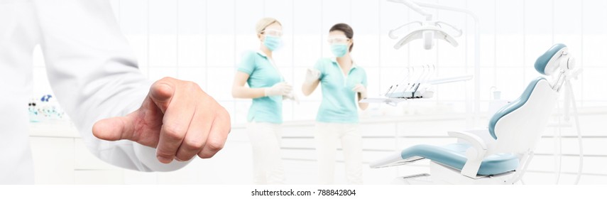 Dentist Hand Touch Screen On Dental Clinic With Dentist's Chair Background Web Banner Template, Contact Us Concept