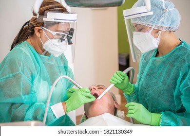 Dentist Helping A Patient Getting An X Ray Panorama