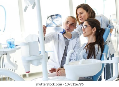 Dentist and his assistant in dental office talking with female patient and preparing for treatment.Examining x-ray image.