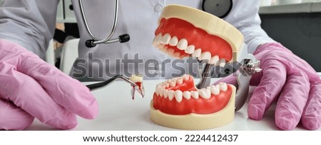 Dentist holds tooth and jaw in tweezers. Ceramic veneers for teeth or extractions concept