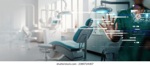 Dentist interacting with patient, use VR computer filling out charts schedule management for treatment with Ai technology for innovate different treatments,dental practices specifically.