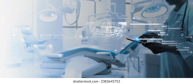 Dentist interacting with patient, use VR computer filling out charts schedule management for treatment with Ai technology for innovate different treatments,dental practices specifically.