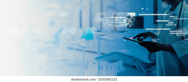 A dentist interacts with advanced AI-powered medical software while reviewing a dental X-ray image on a digital device. - Powered by Shutterstock