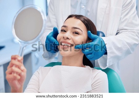 Dentist, mirror and portrait of woman with smile after teeth whitening, service and dental care. Healthcare, dentistry and female patient with orthodontist for oral hygiene, wellness and cleaning