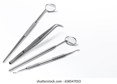 Dentist Office With Tools For Teeth Care On White Background Top View Mock Up