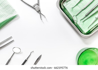 Dentist Office With Tools For Teeth Care On White Background Top View Mock Up