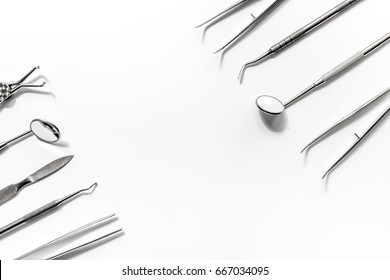 Dentist Office With Tools For Teeth Care On White Background Top View Mock Up