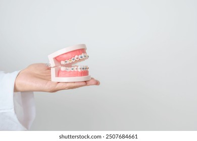 Dentist with Orthodontic tooth model and bracket or brace. Clean and Scrape off tartar. May Orthodontic Health Day, March Oral health, Dentist Day, False Teeth. Toothache and Children Dental Health - Powered by Shutterstock