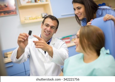 Dentist With Patient And Dental Technician Look At Dental Film  