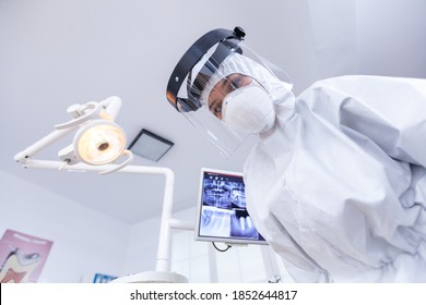 Dentist Point Of View Wearing Protection Gear Against Covid Outbreak During Treatment In Dental Office. Stomatolog Wearing Safety Gear Against Coronavirus During Heatlhcare Check Of Patient.