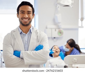 Dentist, portrait and arms crossed or dental patient for toothache, health and treatment for mouth. Face, teeth whitening and person with clean procedure orthodontics and oral, care for inspection - Powered by Shutterstock