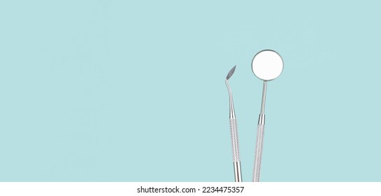 Dentist Professional tools medical equipment on Blue background. Dental Hygiene and Health conceptual image Dental tools on blue background. Medical technology concept - Powered by Shutterstock