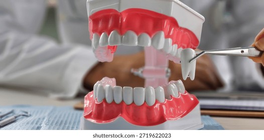 Dentist pulling tooth with forceps out of jaw model. Dental surgeon using instrument for teeth removal, extraction. Stomatology, oral health problems