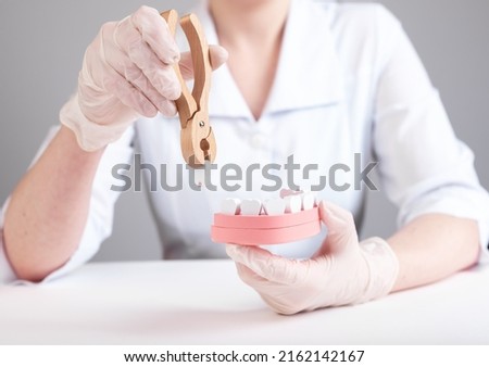 Dentist pulling tooth with forceps out of jaw model. Wisdom teeth extraction or poor oral hygiene, injury consequences. Dental surgeon in lab coat and gloves sitting at table. High quality photo