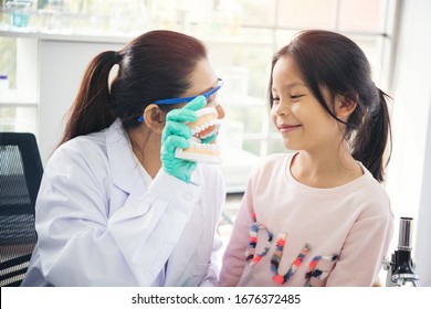 Dentist Show Artificial Jaw With Teeth To Kid Patient. Doctor Stomatologist Telling Girl Child About Oral Hygiene. Dental Office In Pediatric Clinic Department. Orthodontics Service For Children