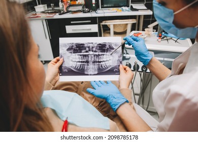 The Dentist Shows The Patient An X-ray. Computer Diagnostics. Dental Tomography