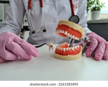 Dentist shows problem areas in teeth on artificial jaw closeup. Removal and implantation of teeth installation of veneer - Shutterstock ID 2261581895