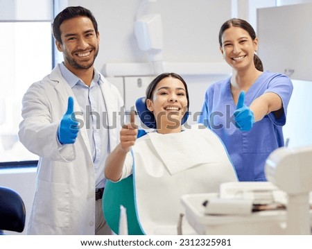 Dentist team, patient and thumbs up portrait for.consultation, clean or teeth whitening. Woman, asian man or healthcare staff and client together for dental care, oral health exam and mouth cleaning