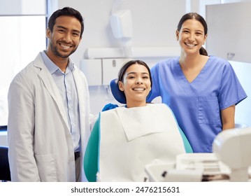 Dentist team, portrait and patient in clinic for consultation, oral hygiene or medical procedure. Service, doctor man and nurse woman with client for teeth examination, orthodontics or dental care - Powered by Shutterstock