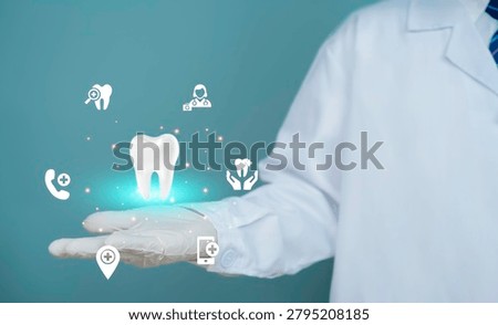 Dentist using digital dental interface with tooth icon medical technology innovation virtual healthcare system