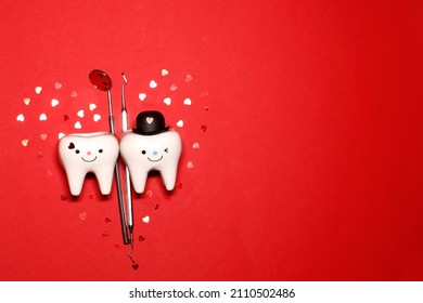 dentist. Valentine's Day. dentist tools. dentistry. dental concept .teeth .red background. hearts.