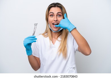 Dentist Woman Holding Tools Isolated On White Background Making Phone Gesture. Call Me Back Sign