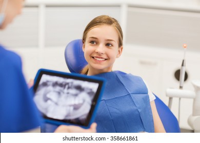 Dentist With X-ray On Tablet Pc And Girl Patient