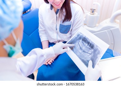 Dentistry And Healthcare Concept At Dental Clinic. Dentist Check-up Teeth X-ray Film With Innovation Technology.