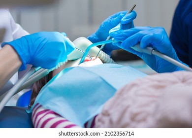 Dentistry. Little Girl Getting Inhalation Sedation While Teeth Treatment At Dental Clinic. Teeth Treatment Child.