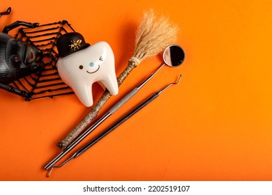 Dentistry.dental.halloween. Holiday Concept. Holidays. Dentist.character For Dentist Halloween Card.dental Concept. Figurines Of Teeth In Halloween Costumes And Dental Instruments. Pumpkins And Broom