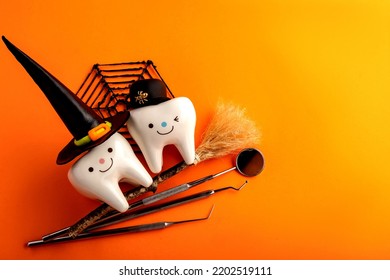 Dentistry.dental.halloween. Holiday Concept. Holidays. Dentist.character For Dentist Halloween Card.dental Concept. Figurines Of Teeth In Halloween Costumes And Dental Instruments. Pumpkins And Broom