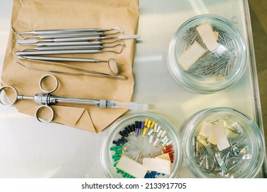 the dentist's tool is on the table before working in his office.