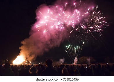 Denton, Texas / United States - November 10, 2017: University Of North Texas Students And Alumni Watching The Bonfire And Fireworks For Homecoming Week