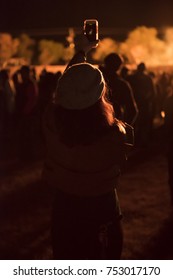 Denton, Texas/United States - November 10, 2017: University Of North Texas Students And Alumni Watching The Bonfire For Homecoming Week