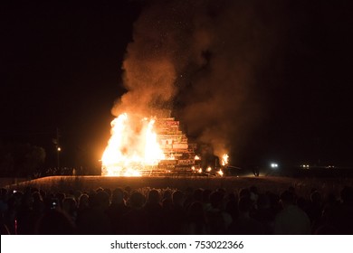 Denton, Texas/United States - November 10, 2017: University Of North Texas Students And Alumni Watching The Bonfire For Homecoming Week