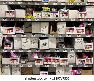 Denton, TX USA - Feb 18, 2021: Plumbing repair supplies to repair frozen and busted pipes are in short supply at local home improvement store in aftermath of record-breaking Texas winter snow storm