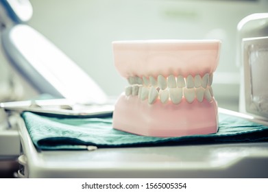 Dentures placed on a table in the laboratory