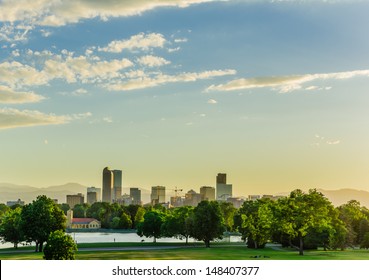 Denver City Park at Sunset and Skyline in Background