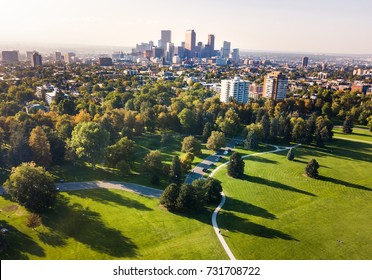 Denver cityscape aerial view from the city park, Colorado, USA