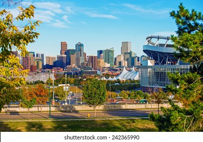 Denver Cityscape Colorado. Downtown Denver Skyline and the Mile High Stadium. Colorado, United States.