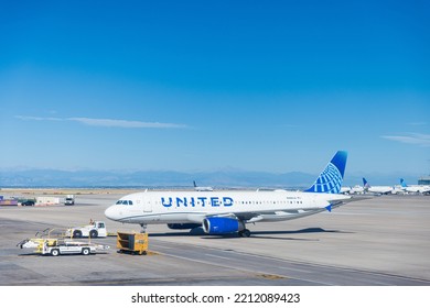 DENVER, CO - AUGUST 28, 2022: United Airlines Plane On Tarmac At Denver International Airport.