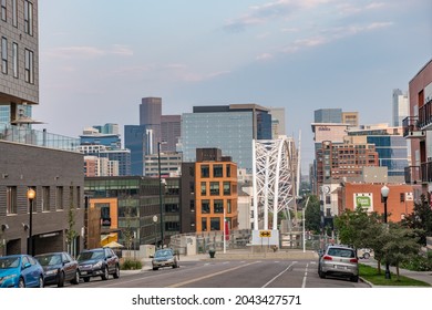 Denver, CO - August 31, 2021: View Of A White Bridge And Confluence Park, In The Trendy Highland Neighborhoods.