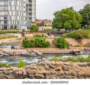 Denver, CO - August 31, 2021: People Enjoy The Day At Confluence Park, Between The Highland And River North (RiNo) Neighborhoods.