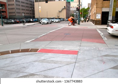 Denver, CO - May 25 2016: A Crosswalk And Curb Extension On 14th Street In Downtown Denver