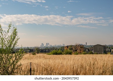 Denver, CO - September 1, 2021: The city skyline visible in the distance, past a meadow and homes in a suburb.