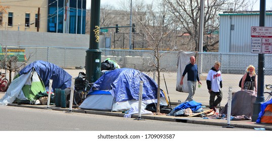 Denver, CO, USA, April 19, 2020. Unidentified Homeless People Camping Out And Living On The Streets In Downtown Denver Because The Homeless Shelters Are No Longer Safe Due To The Coronavirus. 